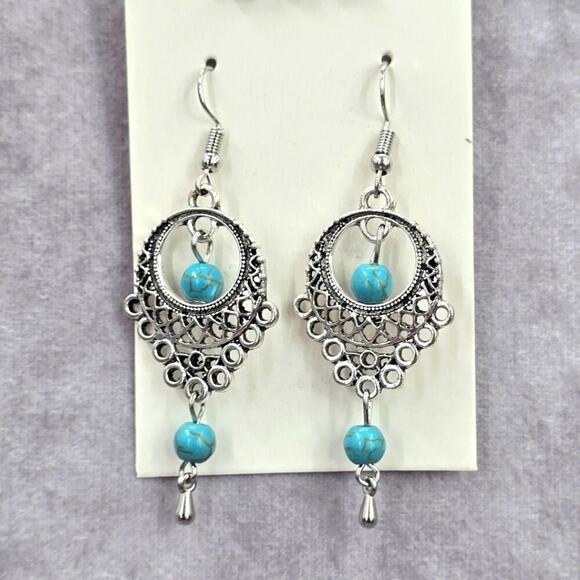 Silver Blue Circle Drop Boho Dangle Hook Fashion Jewelry Earrings Retro JB2-42 - Picture 1 of 3